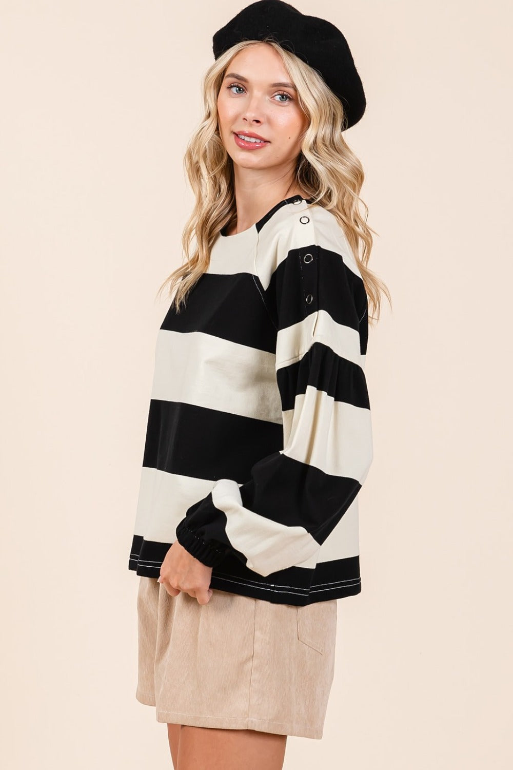 Black Ivory Striped Snap Shoulder Long Sleeve T-Shirt