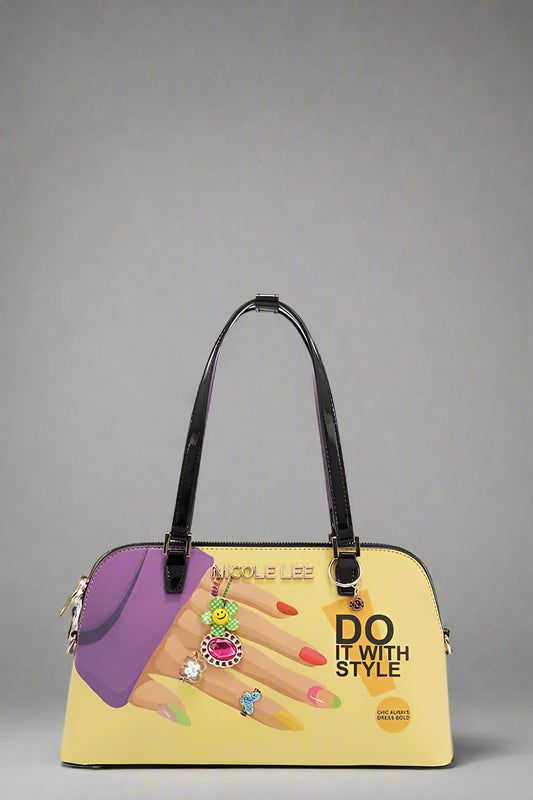 Handbag with a colorful design featuring text and images on a white background