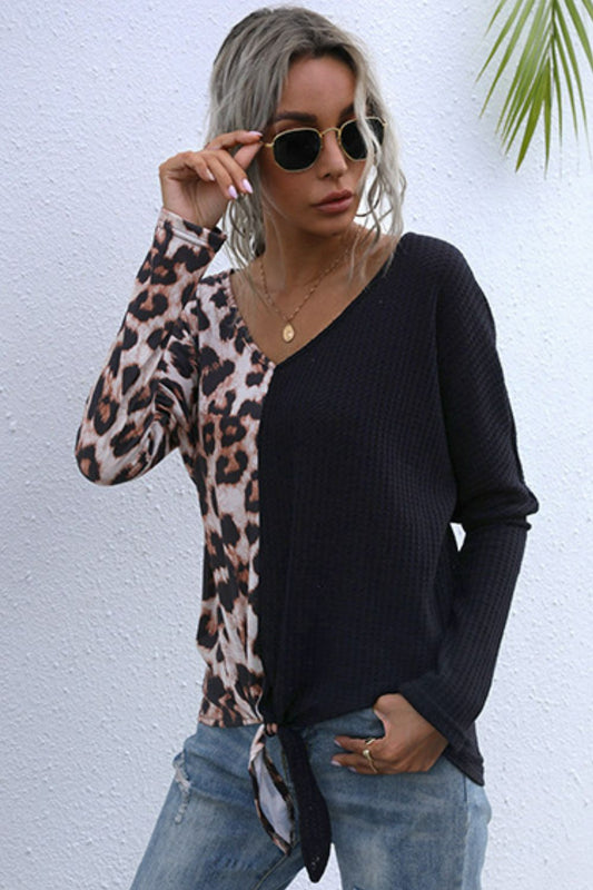 Black Leopard V-Neck Tie Front Top