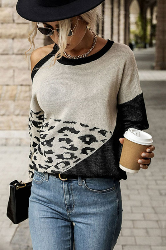 Leopard Print Cold-Shoulder Sweater in Khaki Black