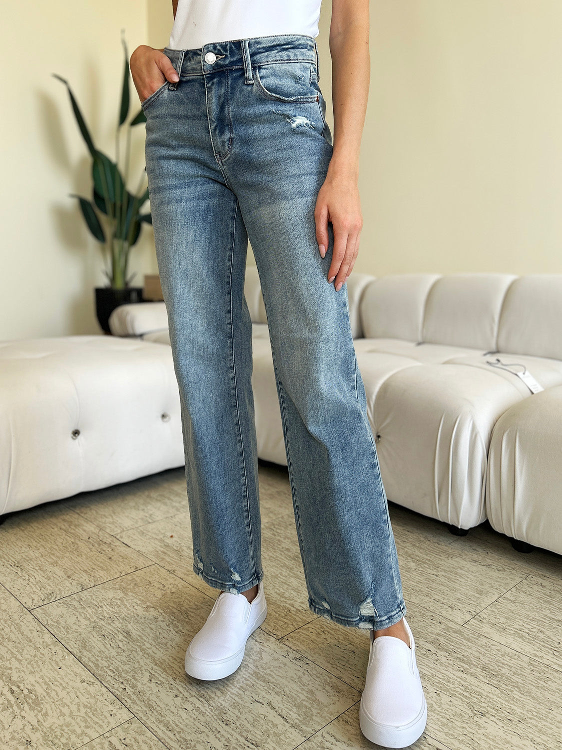 Medium Wash High Waist Distressed Straight Leg Jeans