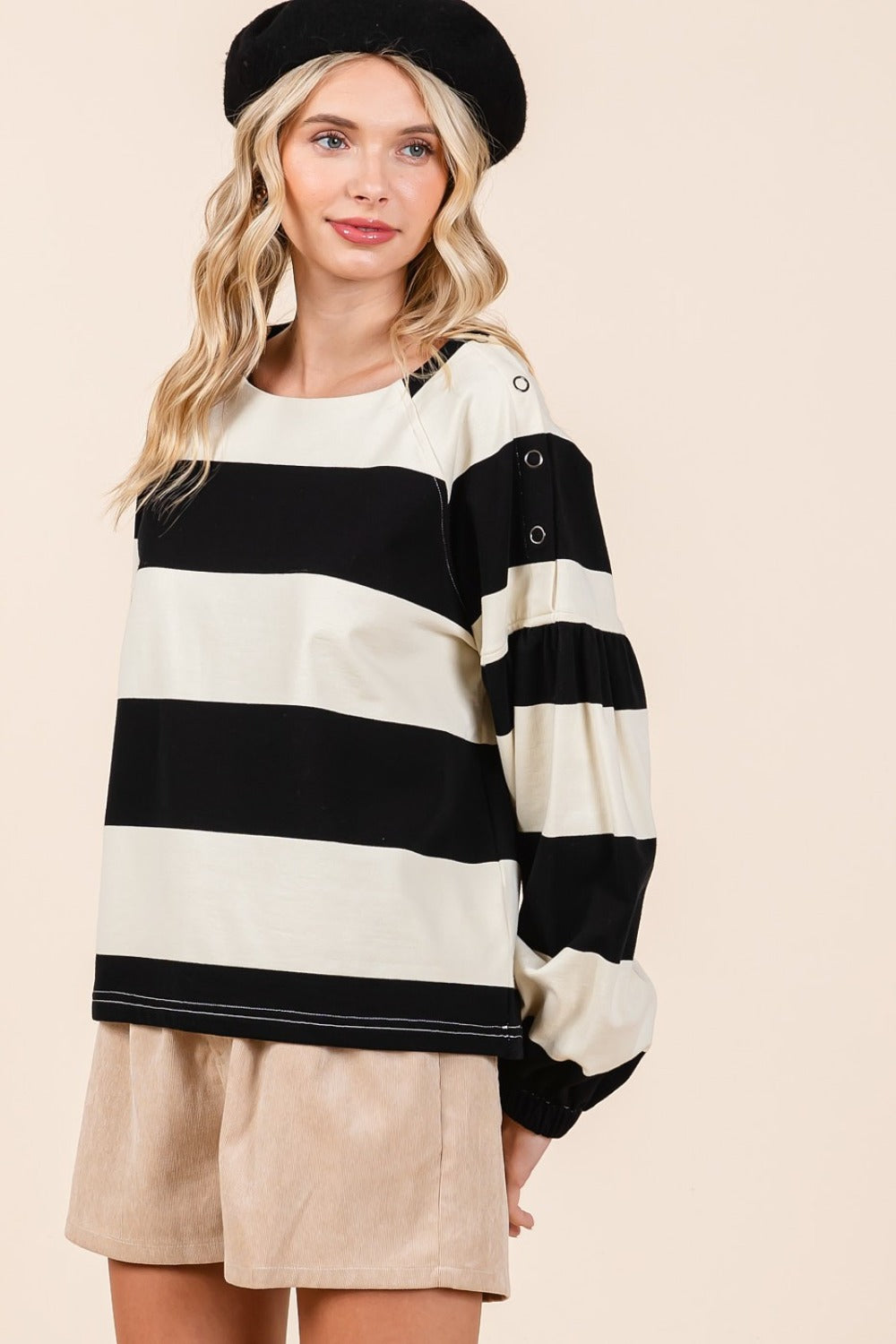 Black Ivory Striped Snap Shoulder Long Sleeve T-Shirt