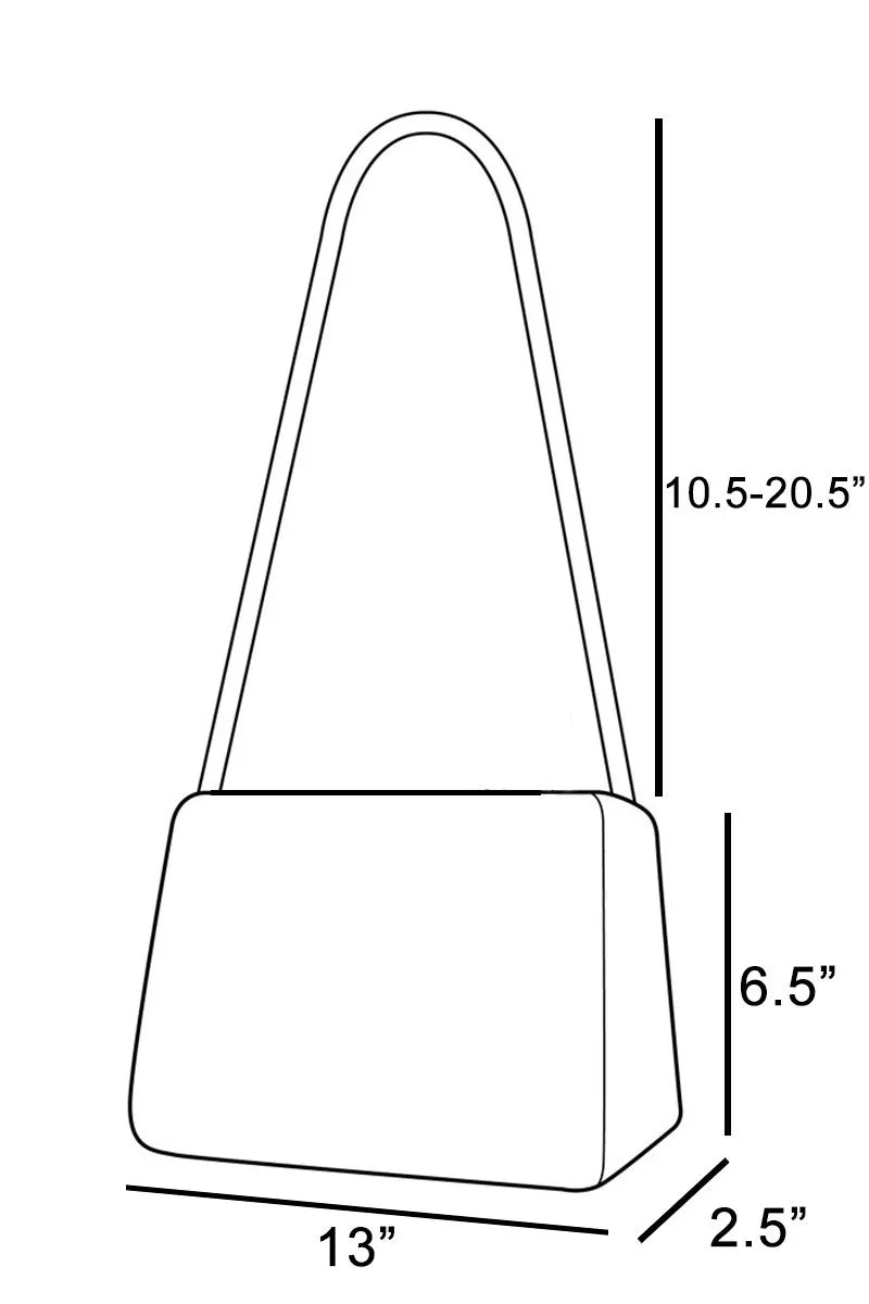 Line drawing of a handbag with dimensions labeled