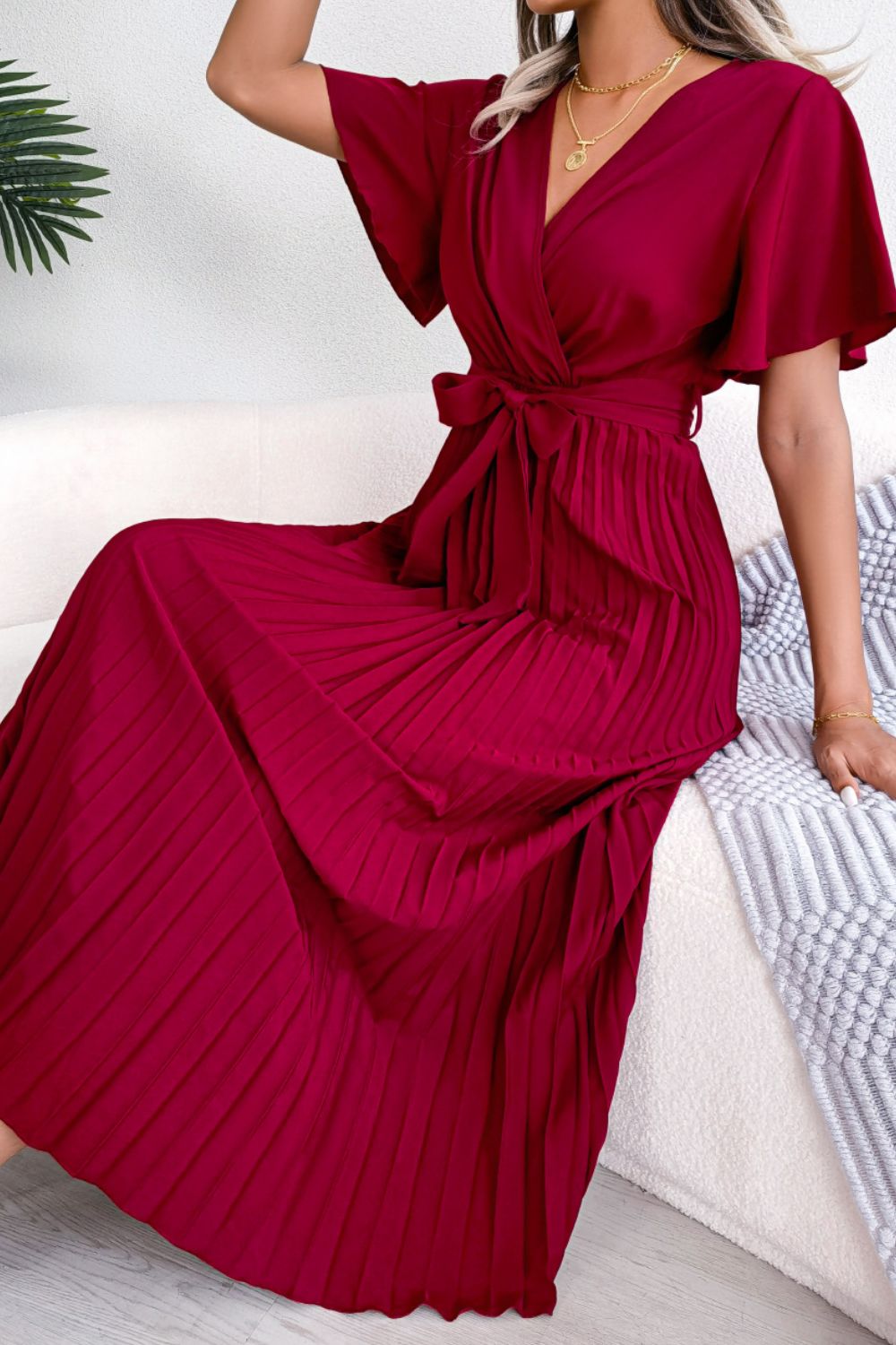 Pleated Flutter Sleeve Tie Waist Midi Dress