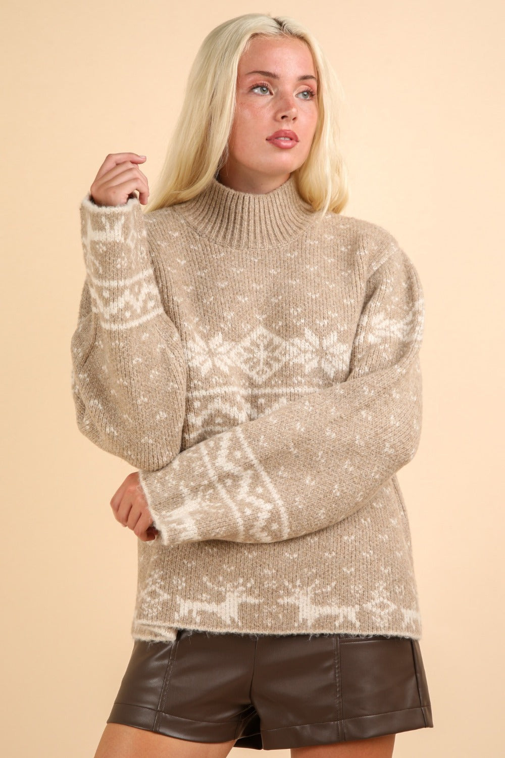 Christmas Design Mock Neck Sweater in Mocha