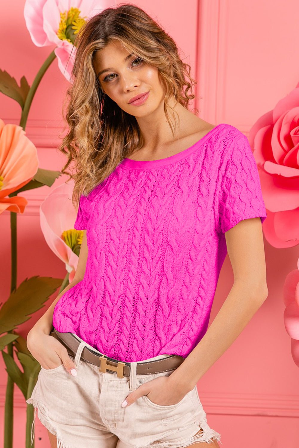 Cable Knit Short Sleeve Sweater in FuchsiaSweaterBiBi