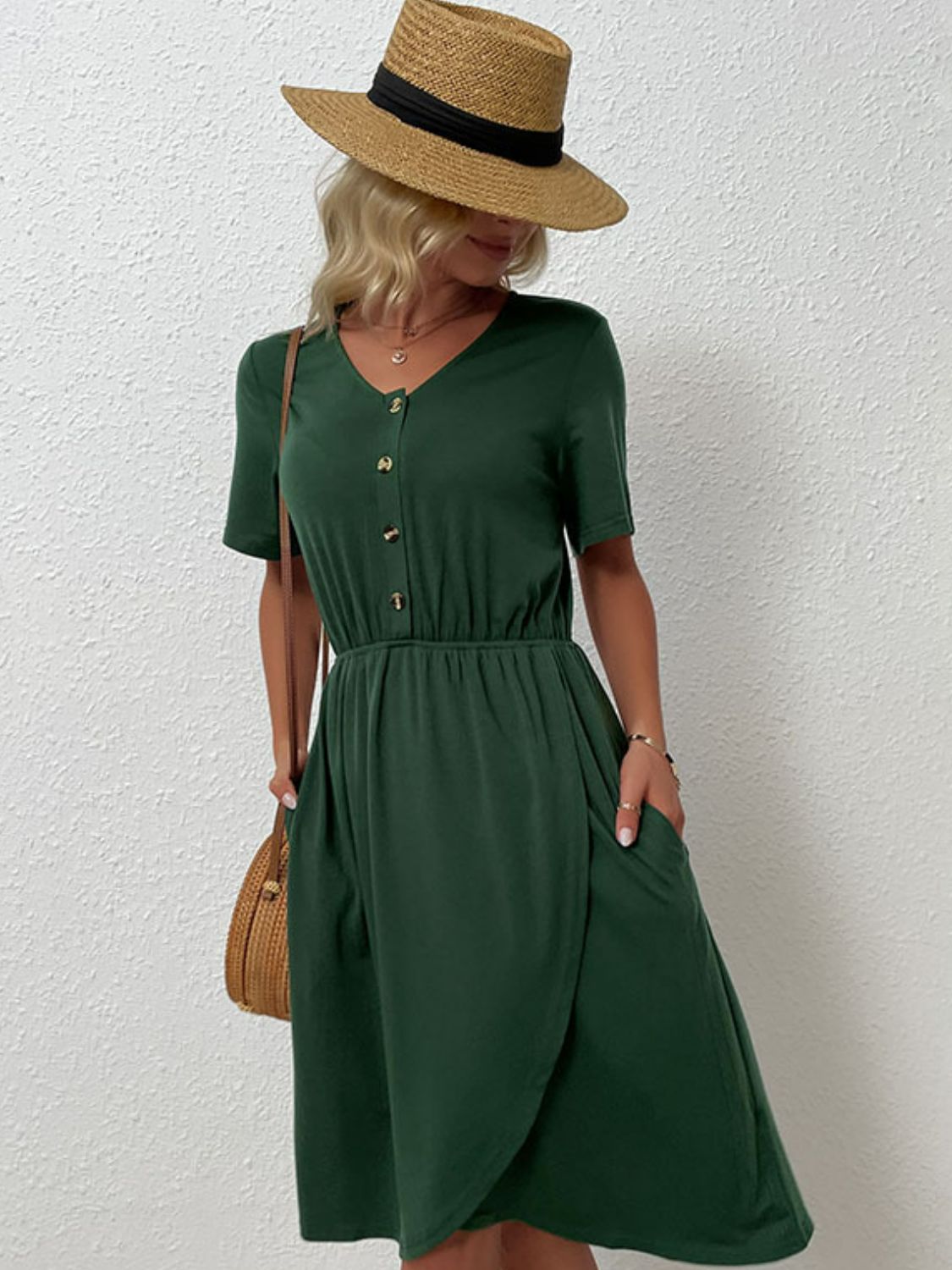 Dark Green V-Neck Short Sleeve Knee Length Dress