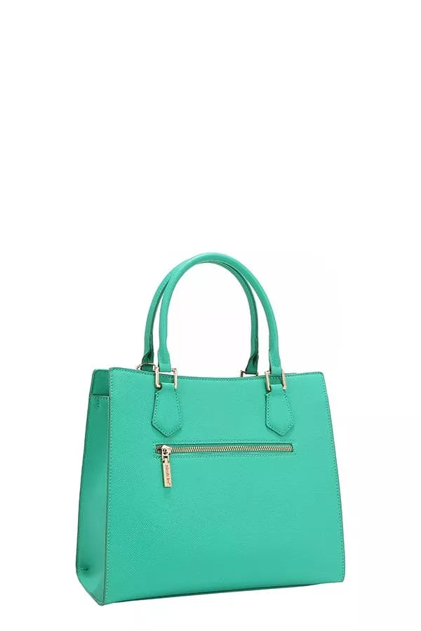 Green handbag with a gold zipper on a white background