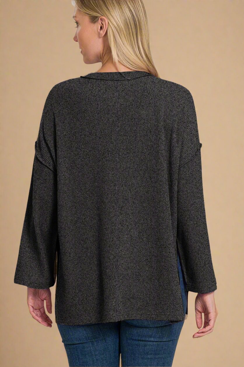 Black Rib Knit Half Button Tunic Top