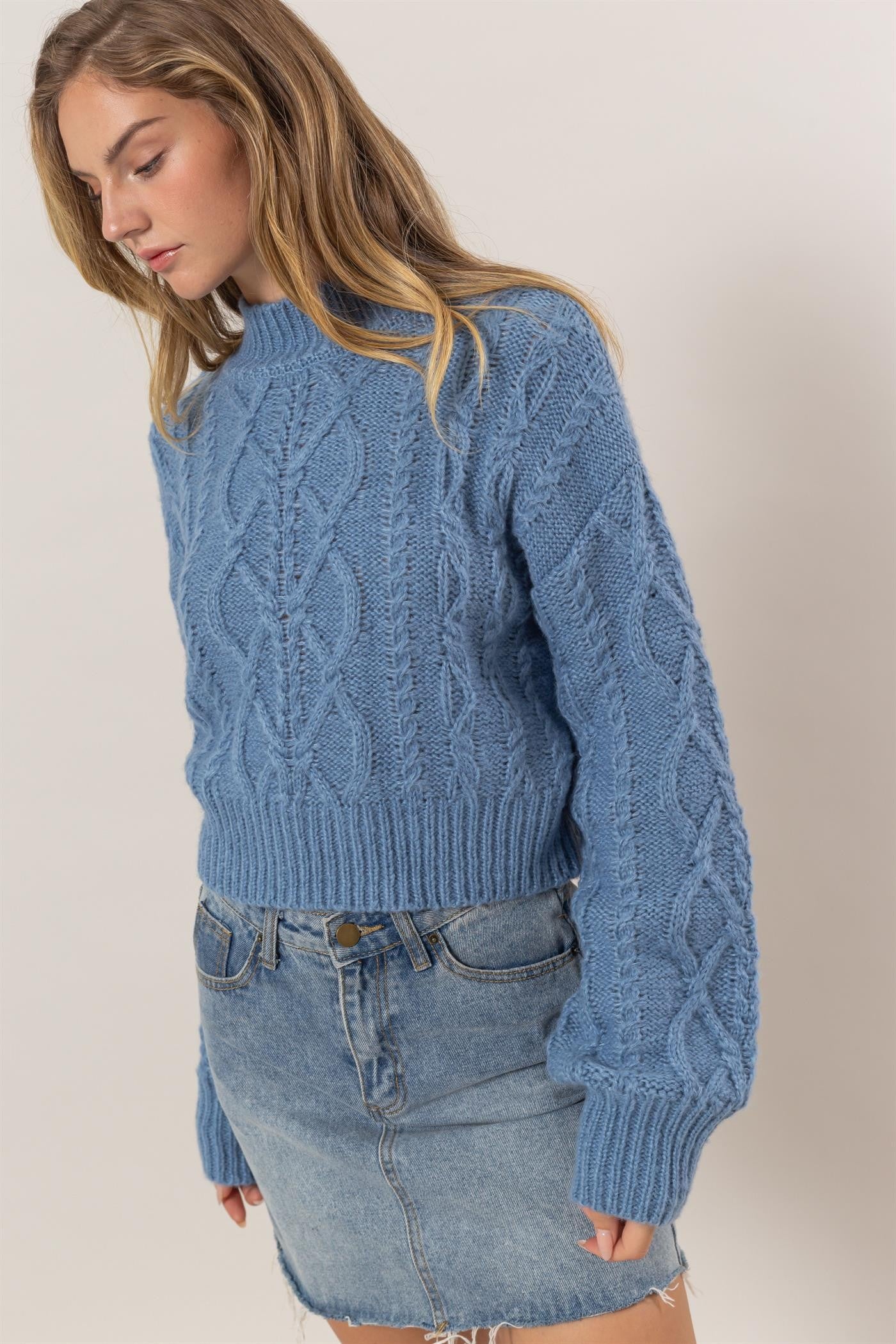 Gray Blue Cable Knit Mock Neck Sweater