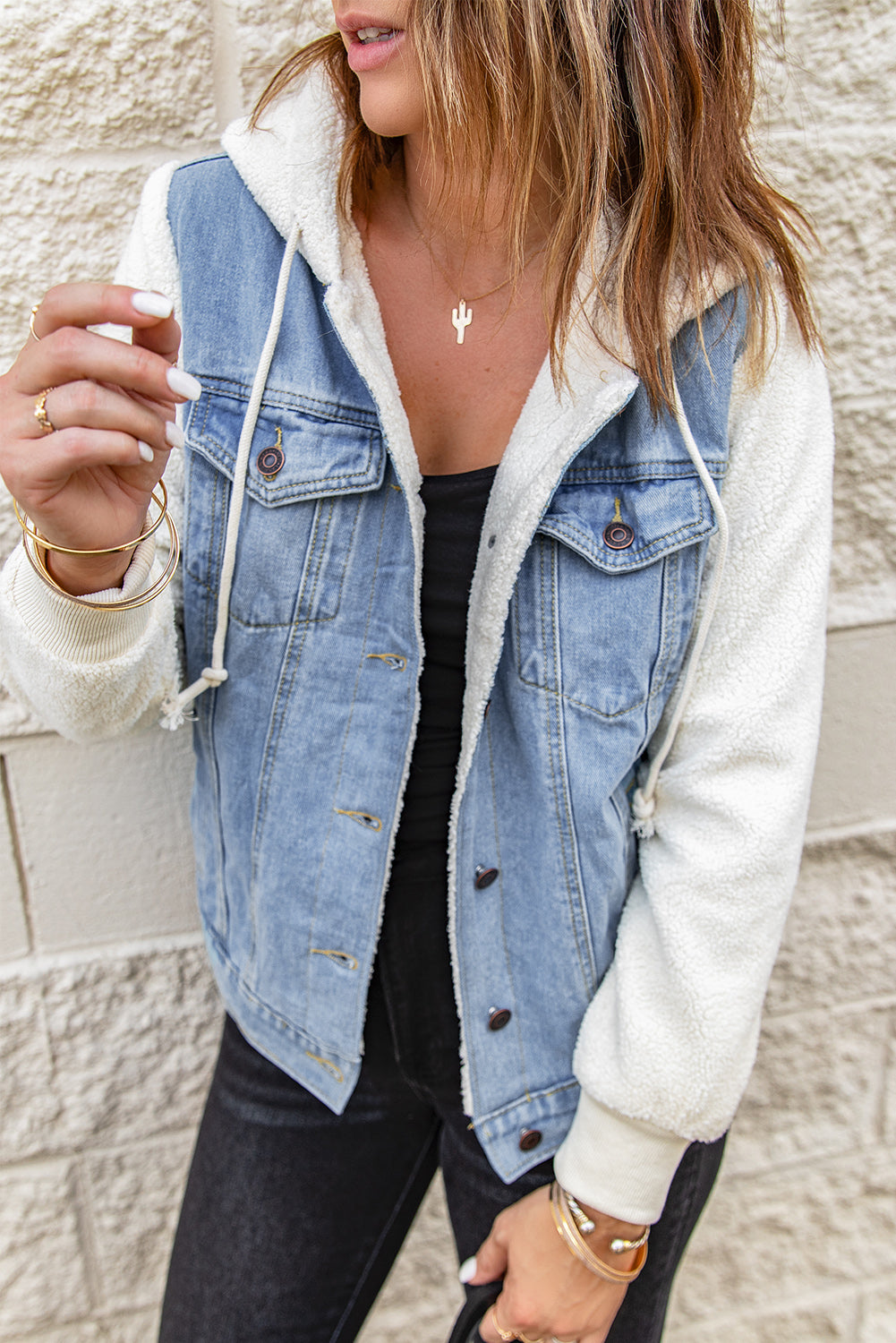 Layered Look Denim Sherpa Hooded Jacket