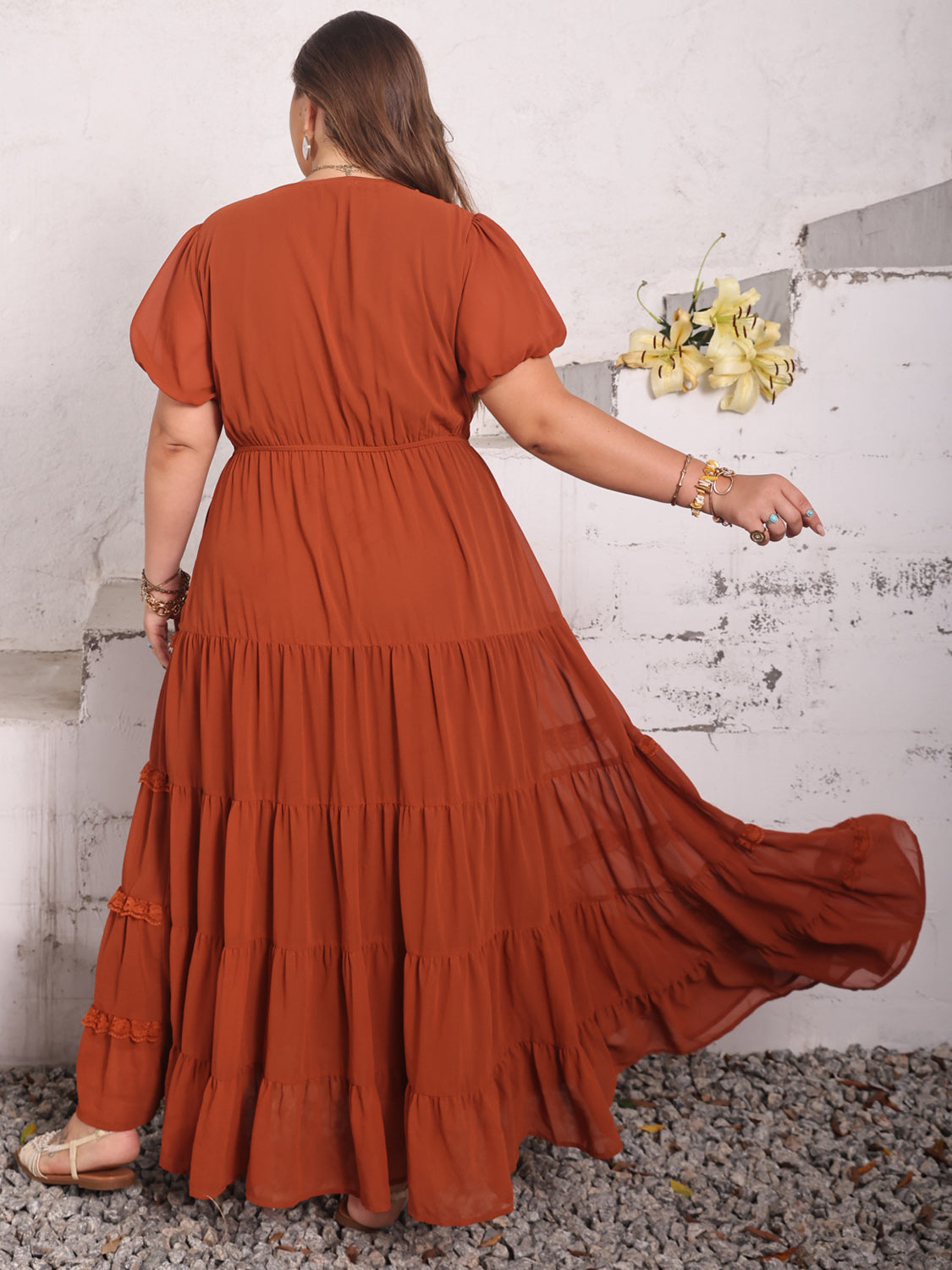 Plus Size Lace Detail V-Neck Short Sleeve Maxi Dress in Rust
