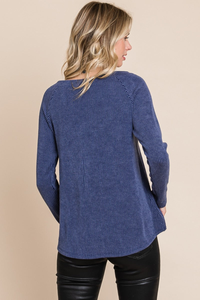 Navy Rib Knit Boat Neck Top