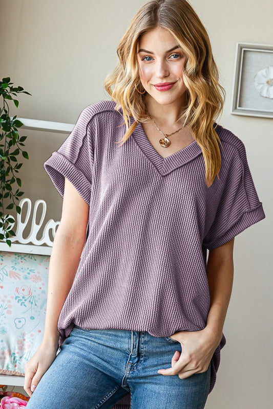 Exposed Seam Short Sleeve Rib Knit Top in Dusty Lavender