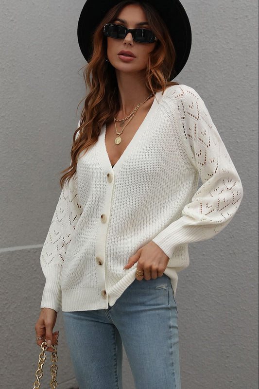 V-Neck Crochet Sleeve Button Front Cardigan