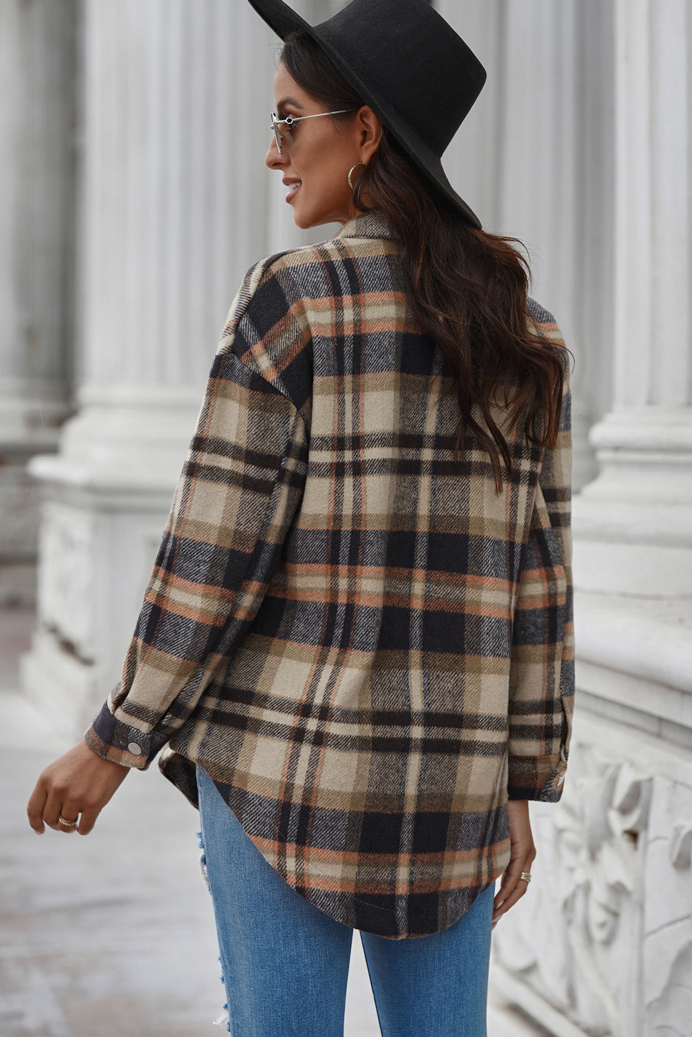 Plaid Curved Hem Longline Shacket