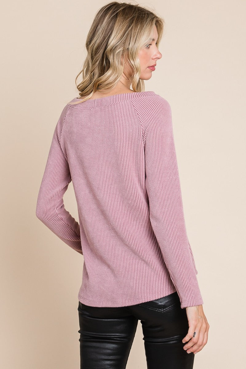 Rib Knit Boat Neck Top in Mauve