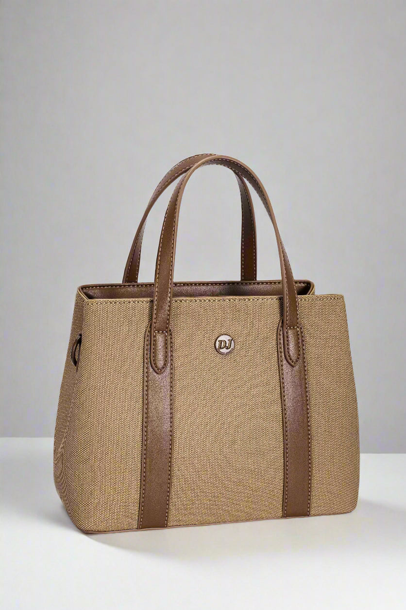 Beige handbag with brown accents on a light gray background
