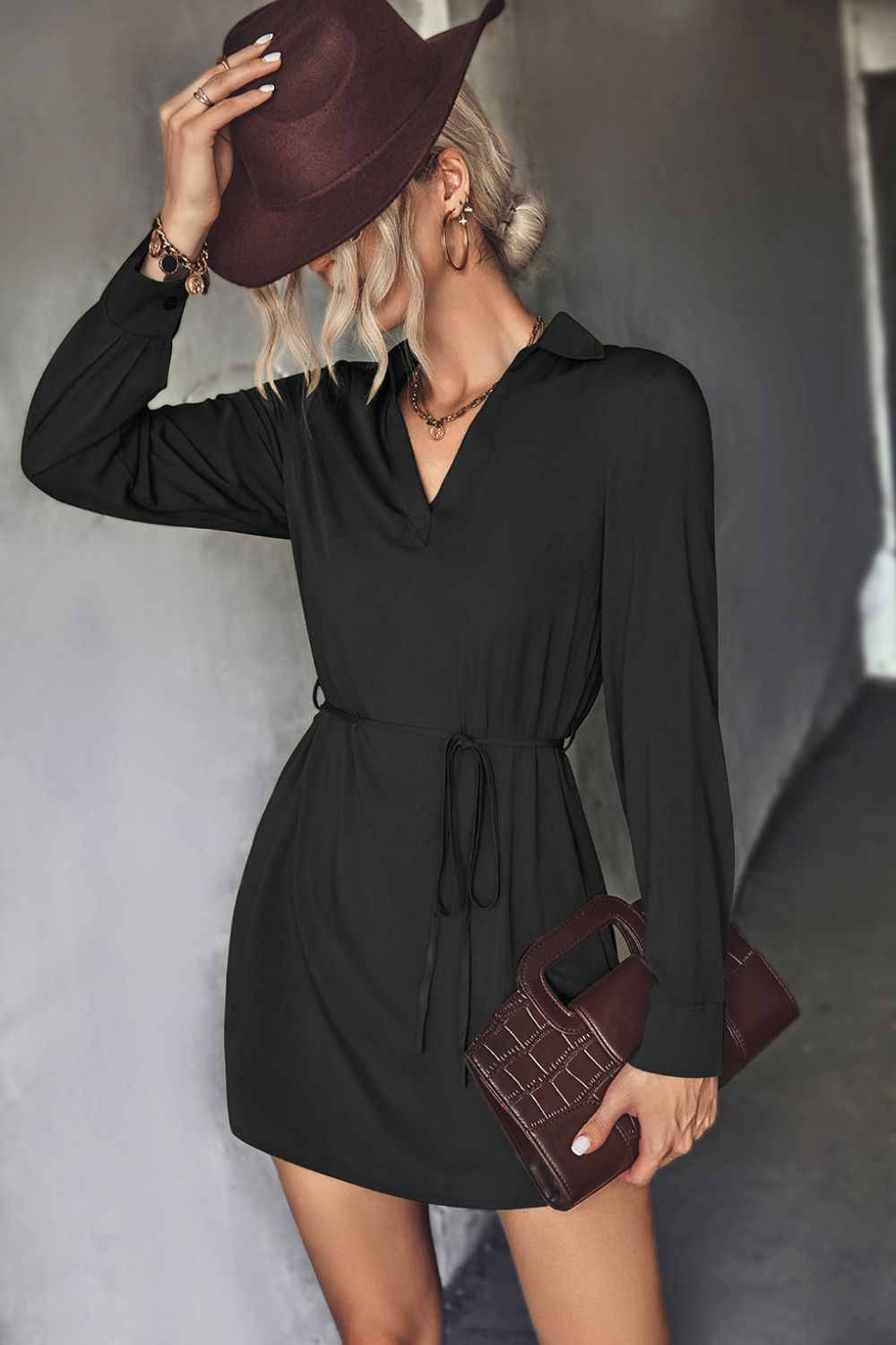 Tie Waist High-Low Hem Mini Shirt Dress