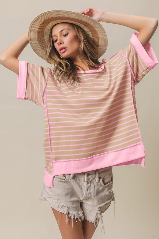 Exposed Seam Stripe Contrast T-Shirt in Taupe Blush