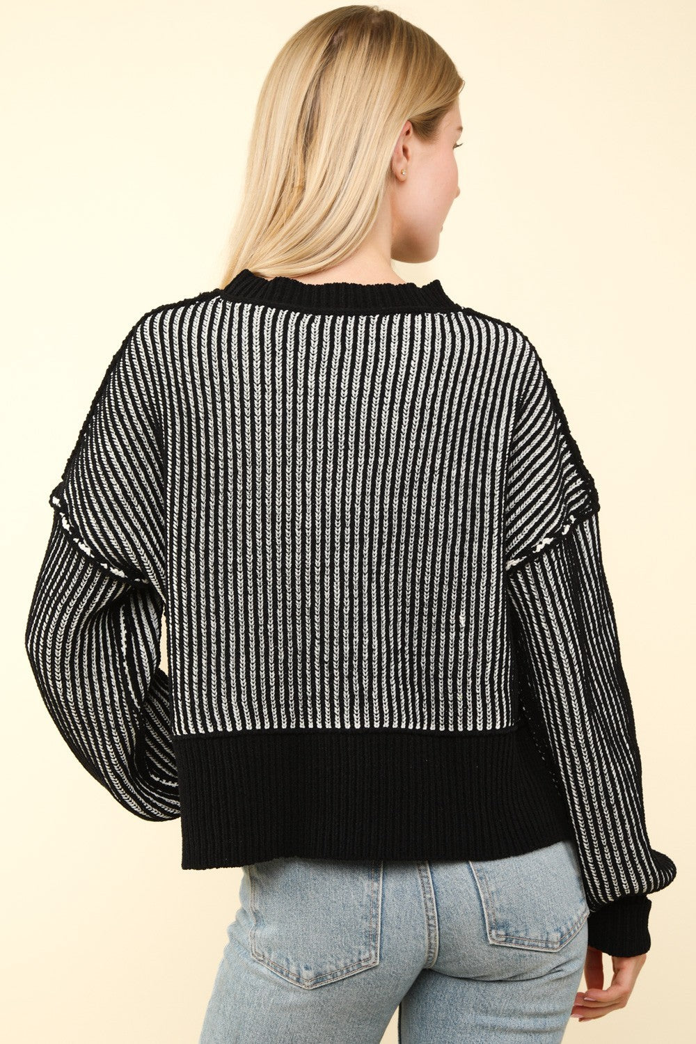 Black Exposed Seams Cropped Striped Sweater