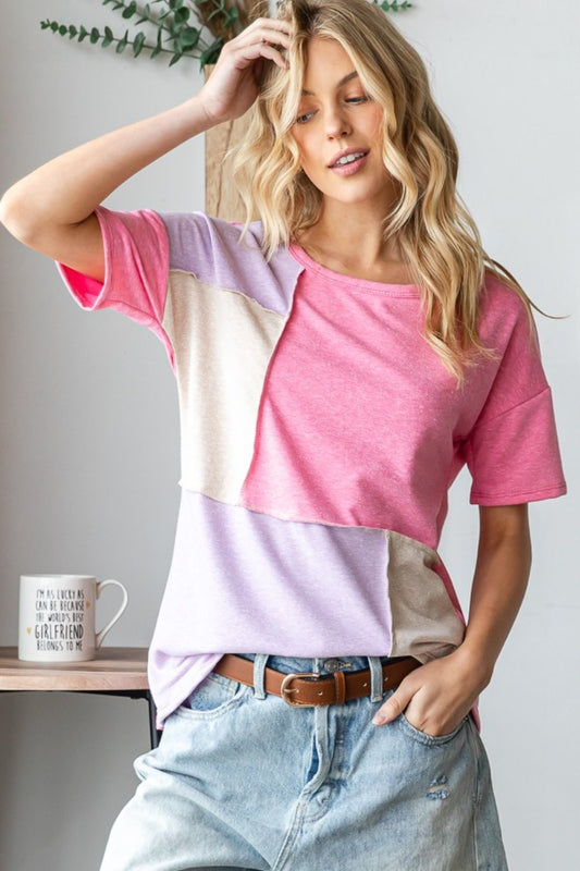 Color Block Exposed Seam T-Shirt in Pink