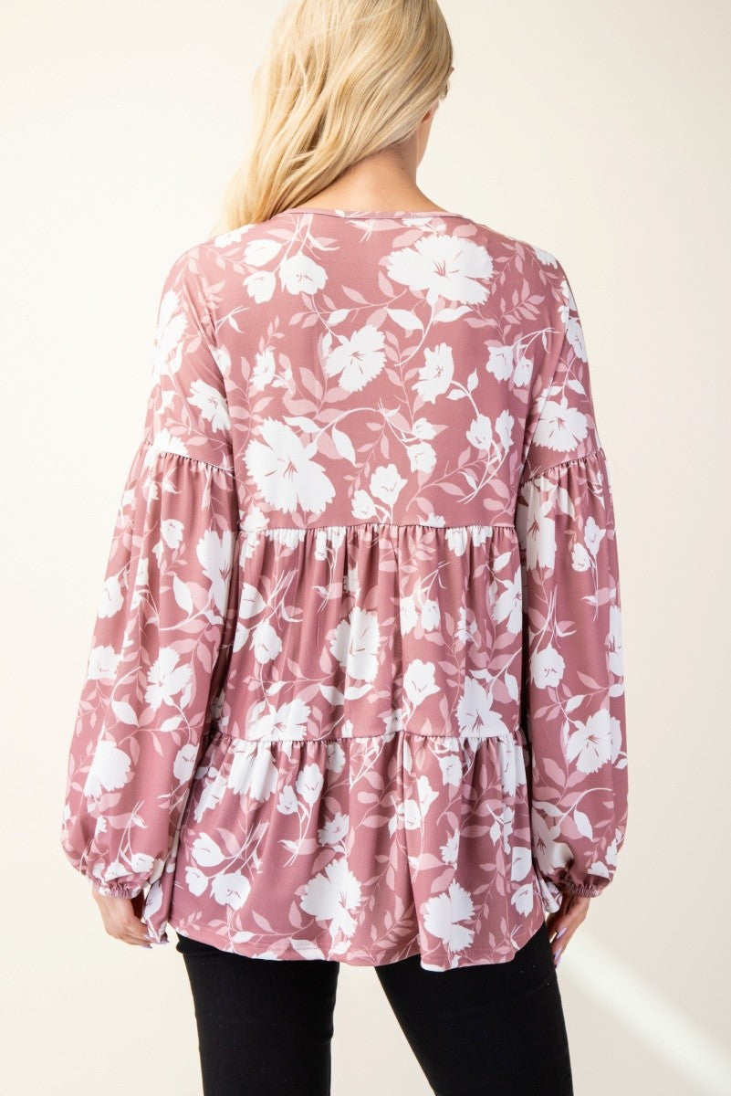 Floral V-Neck Long Sleeve Blouse in Mauve