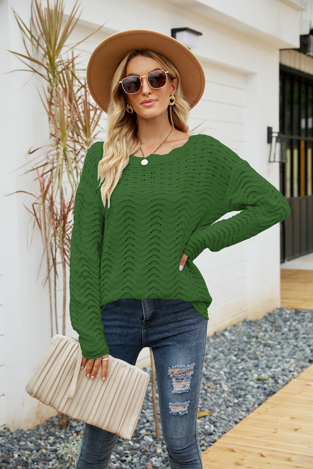 Scalloped Boat Neck Crochet Tunic Sweater