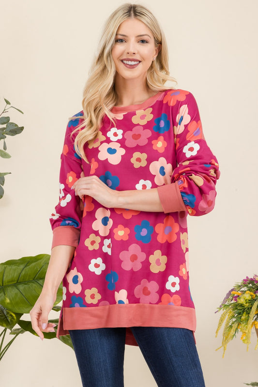 Flower Print Long Sleeve Tunic Top in Fuchsia