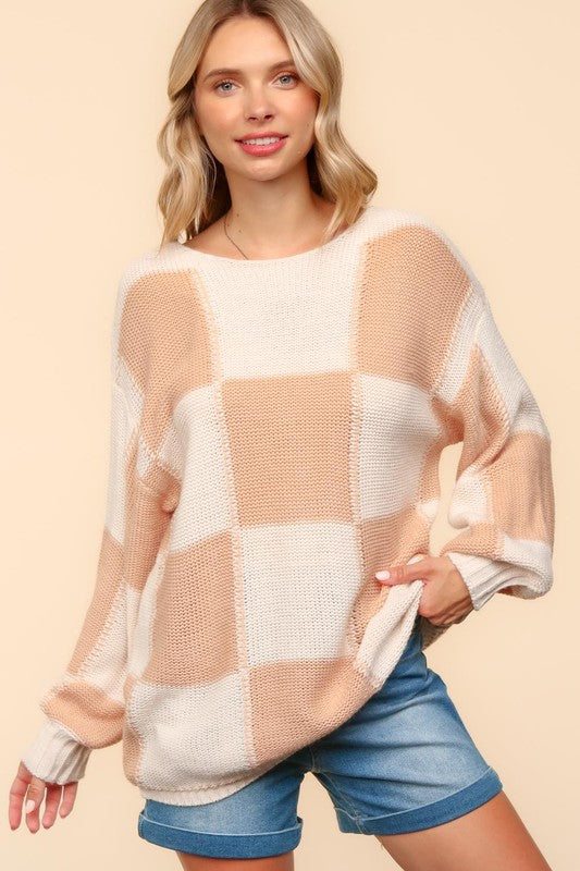 Checkered Relaxed Fit Sweater in Apricot