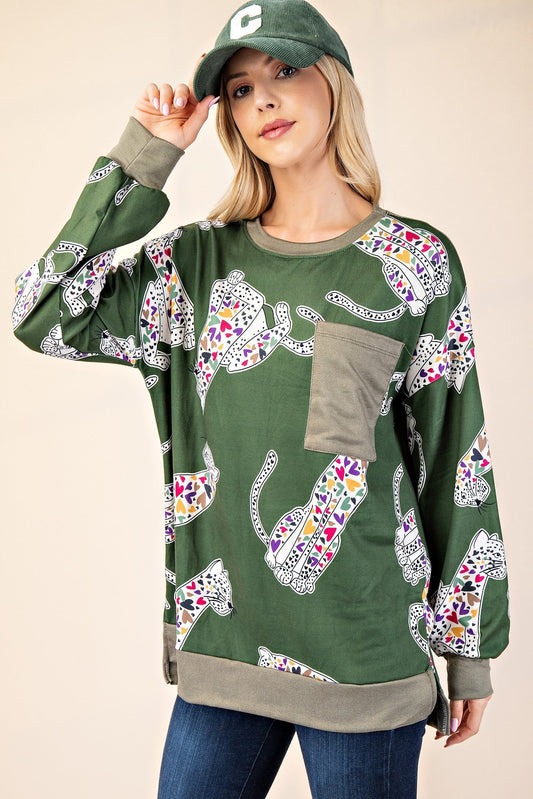 CELESTE - Animal Print Contrast Long Sleeve T-Shirt in Olive