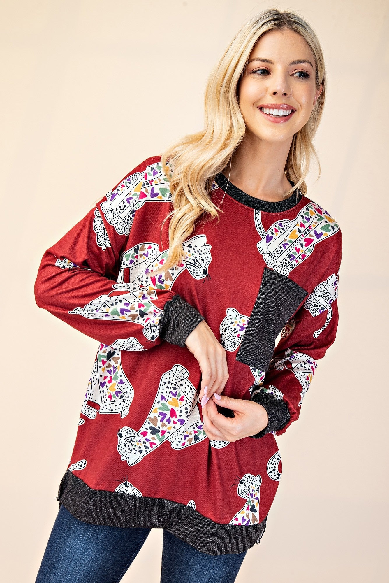 CELESTE - Animal Print Contrast Long Sleeve T-Shirt in Rust