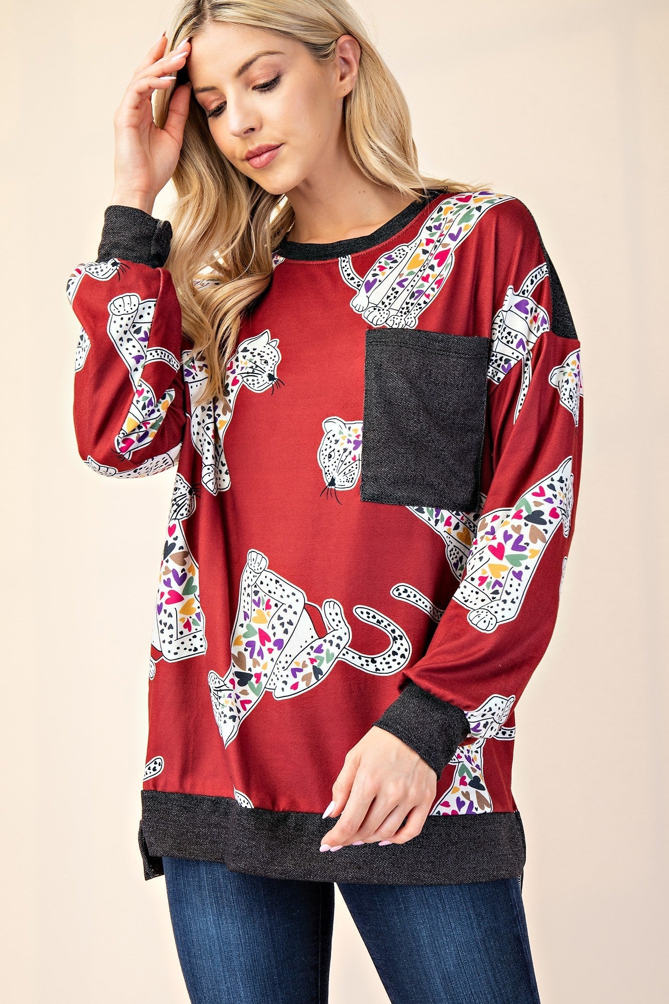 CELESTE - Animal Print Contrast Long Sleeve T-Shirt in Rust