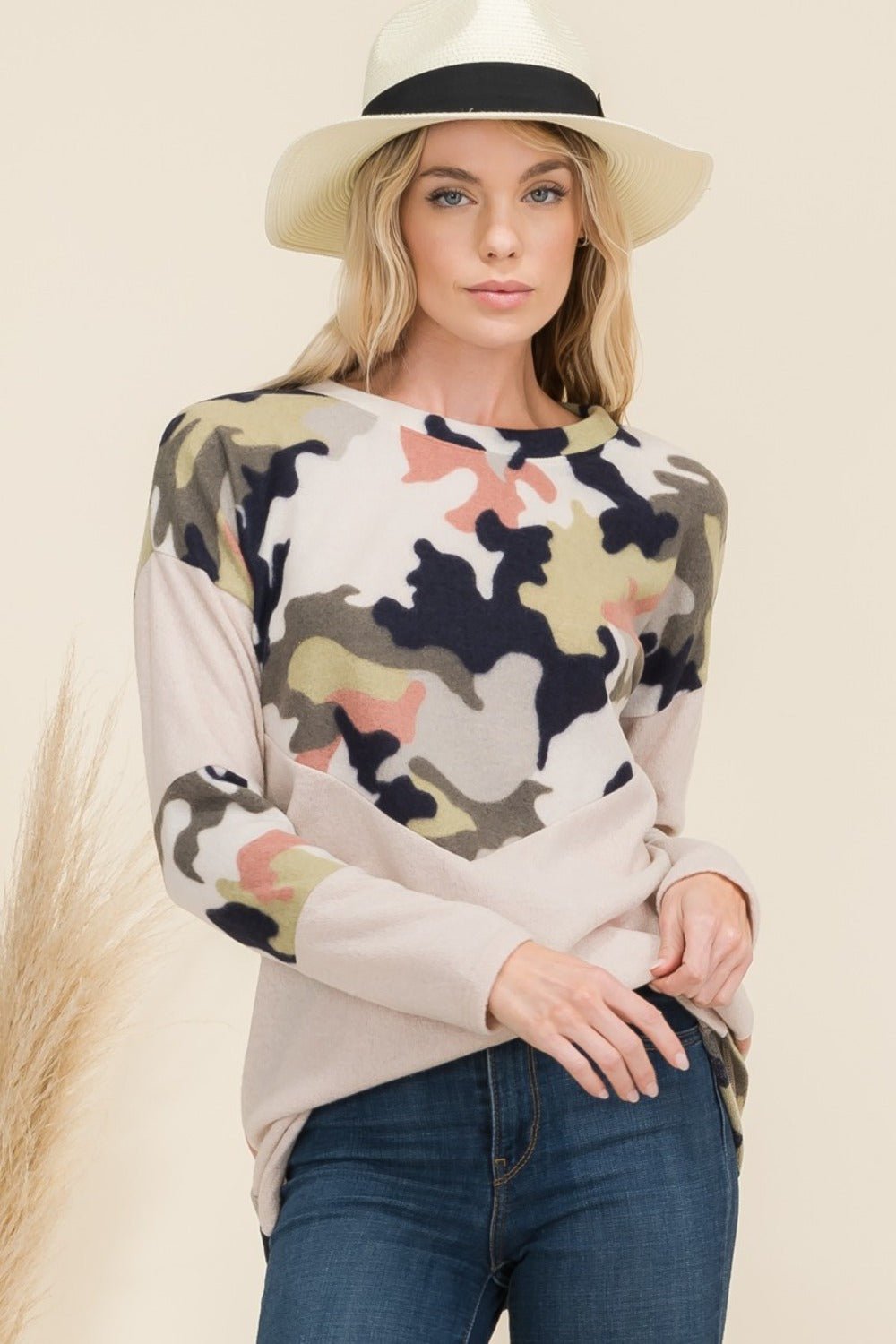 CELESTE - Beige Camo Print Contrast Long Sleeve T-Shirt