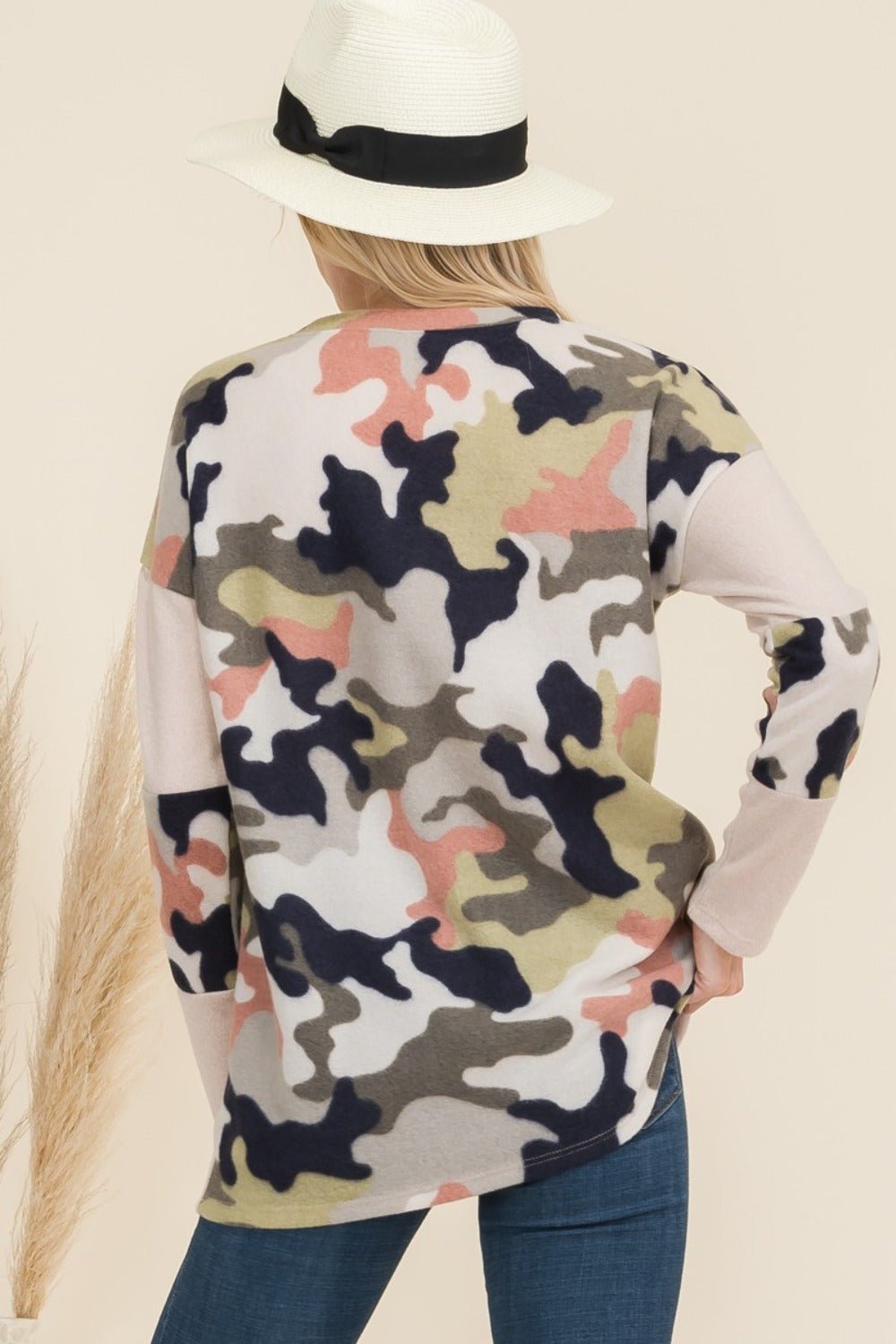 CELESTE - Beige Camo Print Contrast Long Sleeve T-Shirt