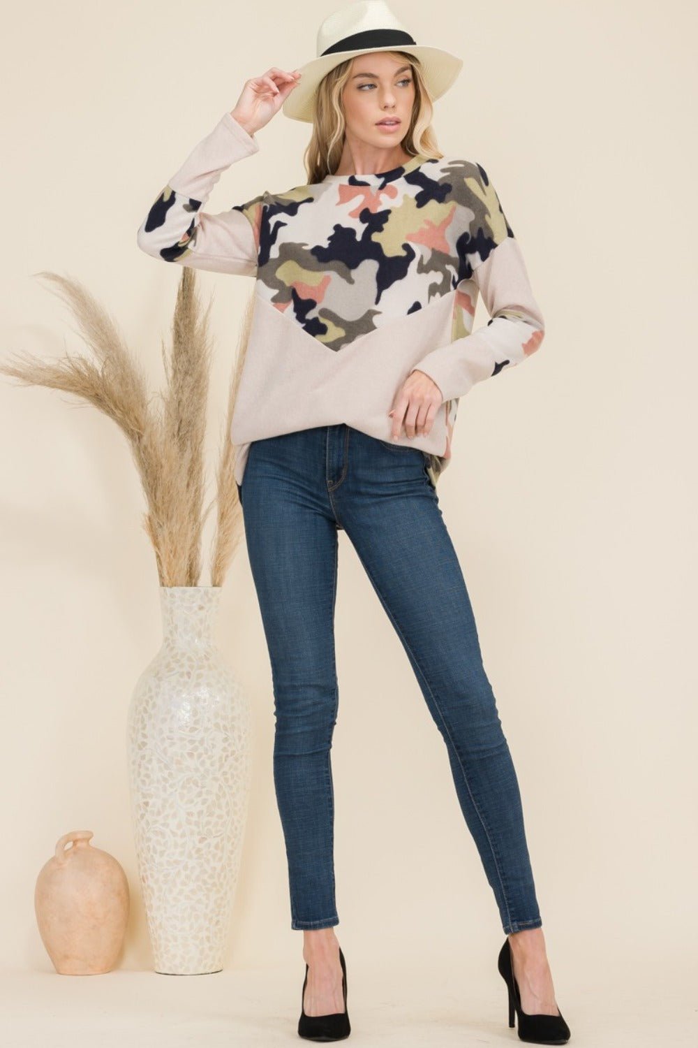 CELESTE - Beige Camo Print Contrast Long Sleeve T-Shirt