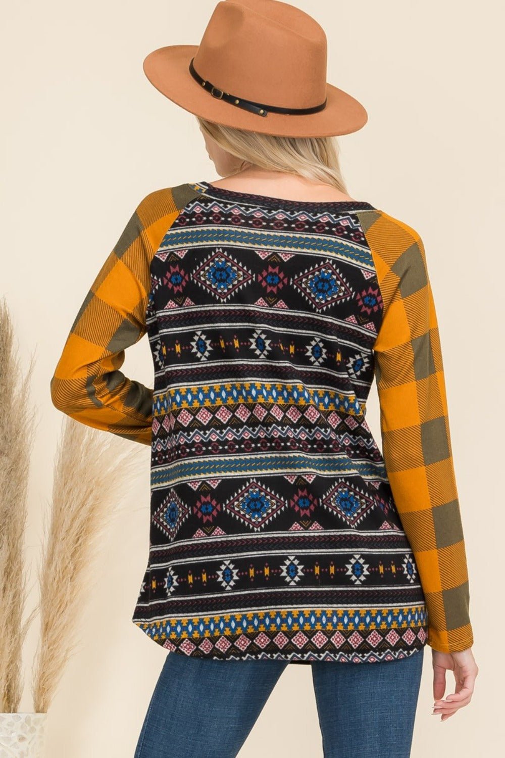 CELESTE - Black Aztec Print Contrast Plaid Long Sleeve T-Shirt