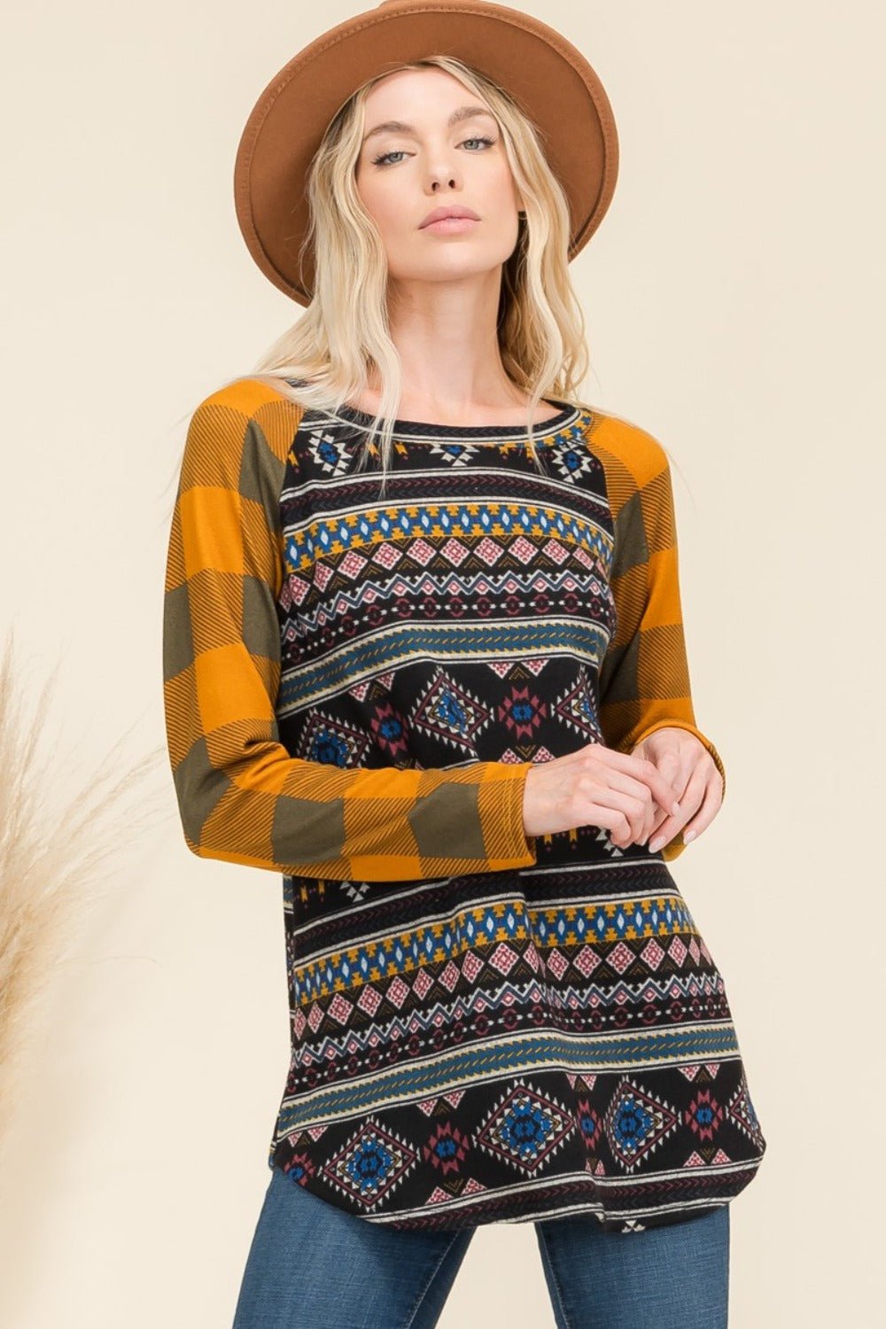 CELESTE - Black Aztec Print Contrast Plaid Long Sleeve T-Shirt