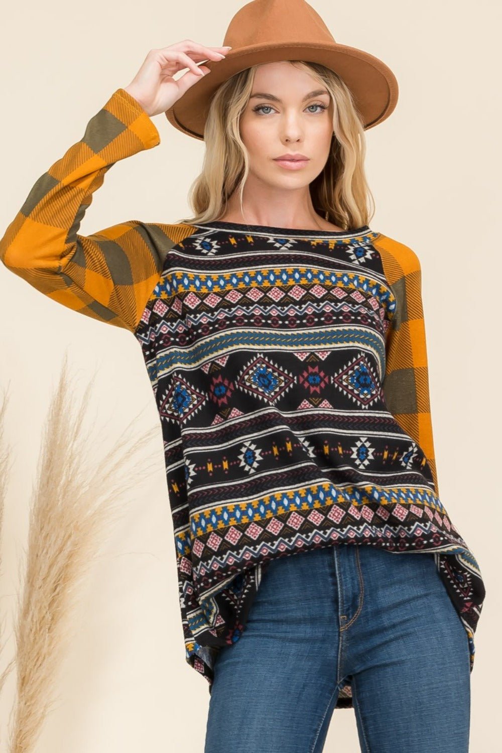 CELESTE - Black Aztec Print Contrast Plaid Long Sleeve T-Shirt