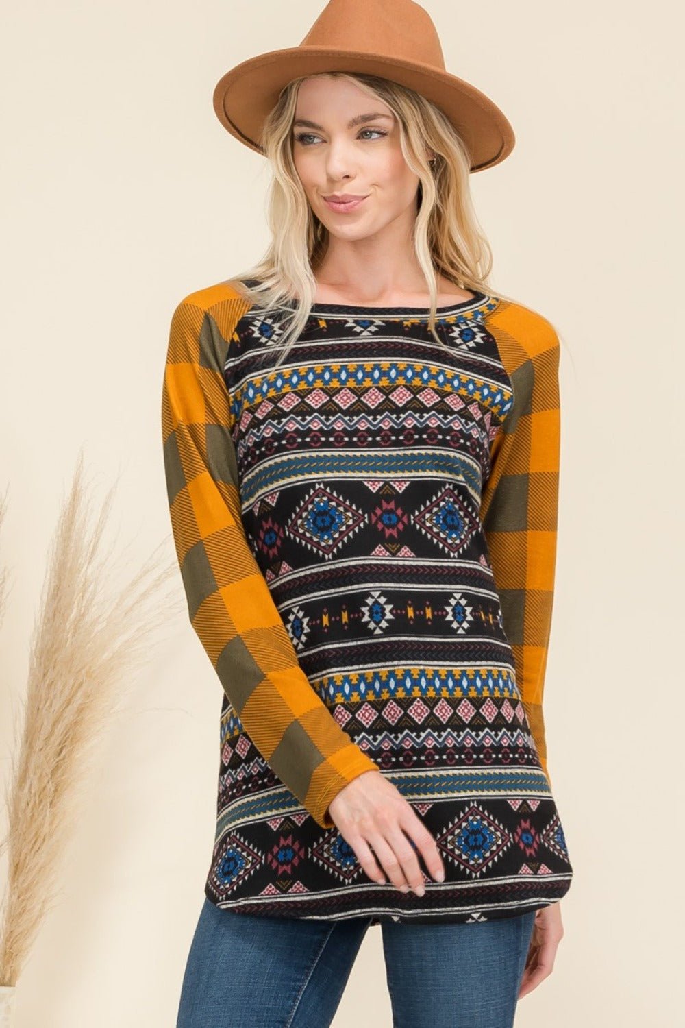 CELESTE - Black Aztec Print Contrast Plaid Long Sleeve T-Shirt