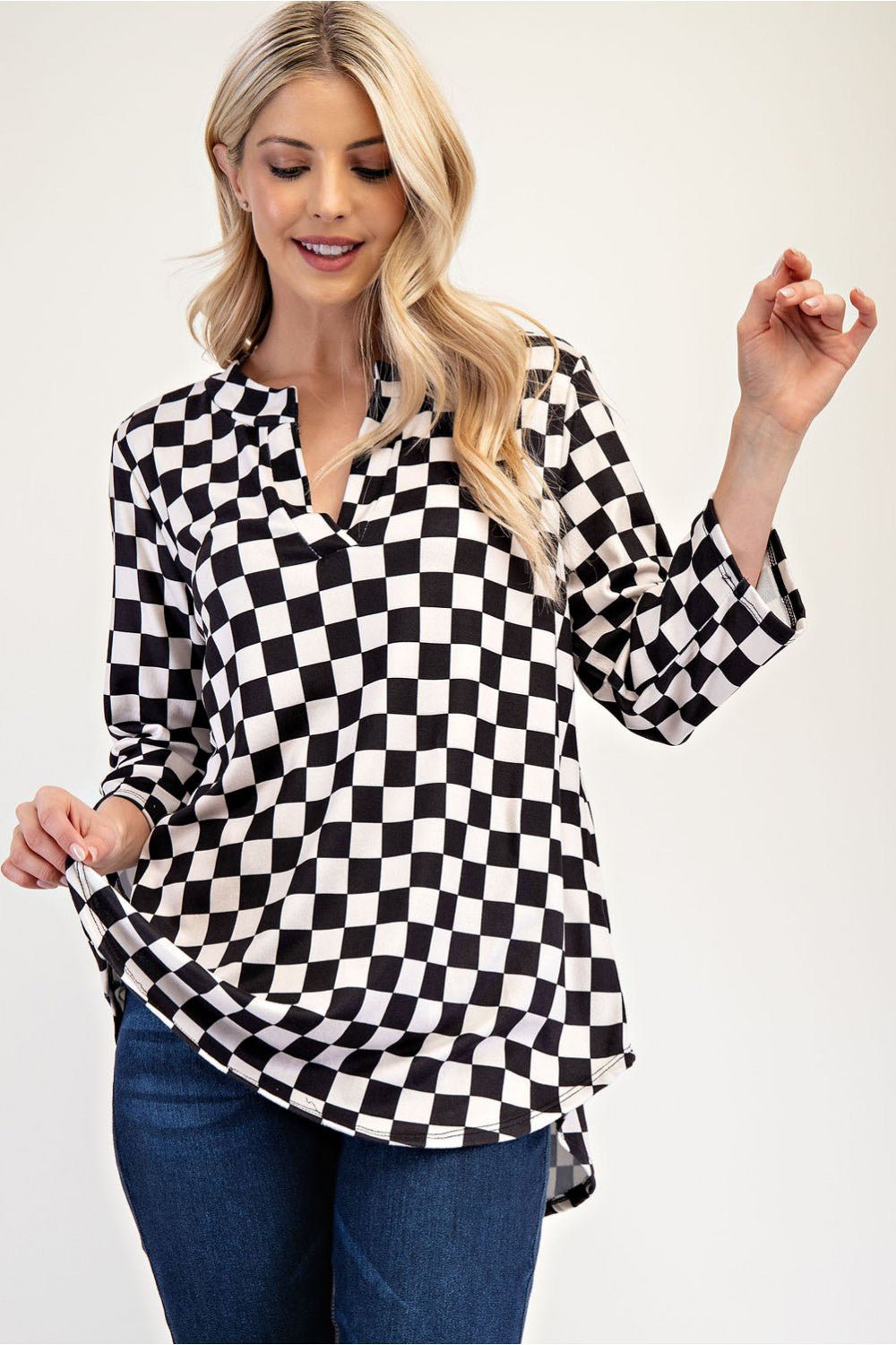 CELESTE - Black Checkered Curved Hem Blouse