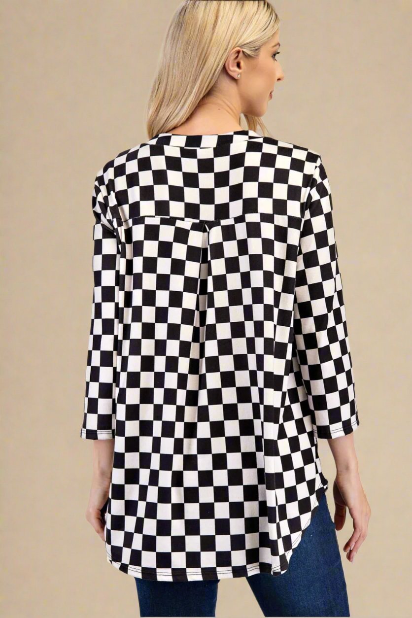 CELESTE - Black Checkered Curved Hem Blouse