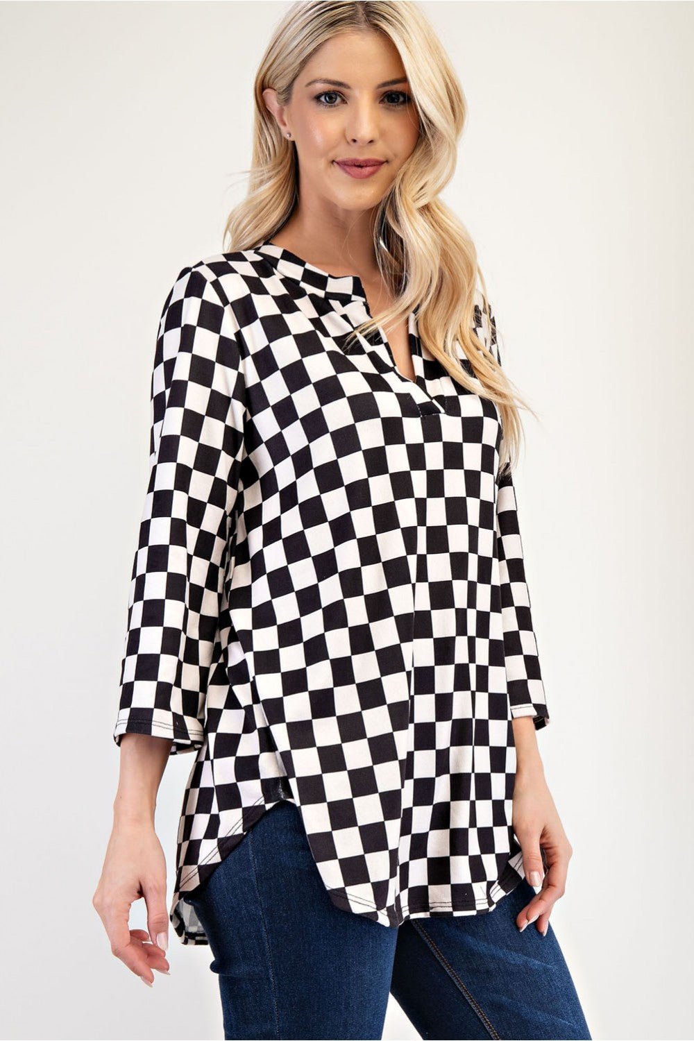 CELESTE - Black Checkered Curved Hem Blouse