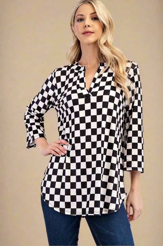 CELESTE - Black Checkered Curved Hem Blouse