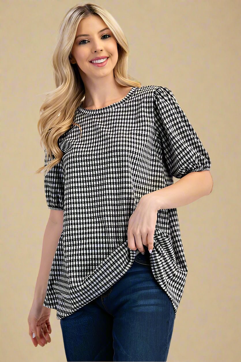 CELESTE - Black Gingham Print Puff Sleeve Top