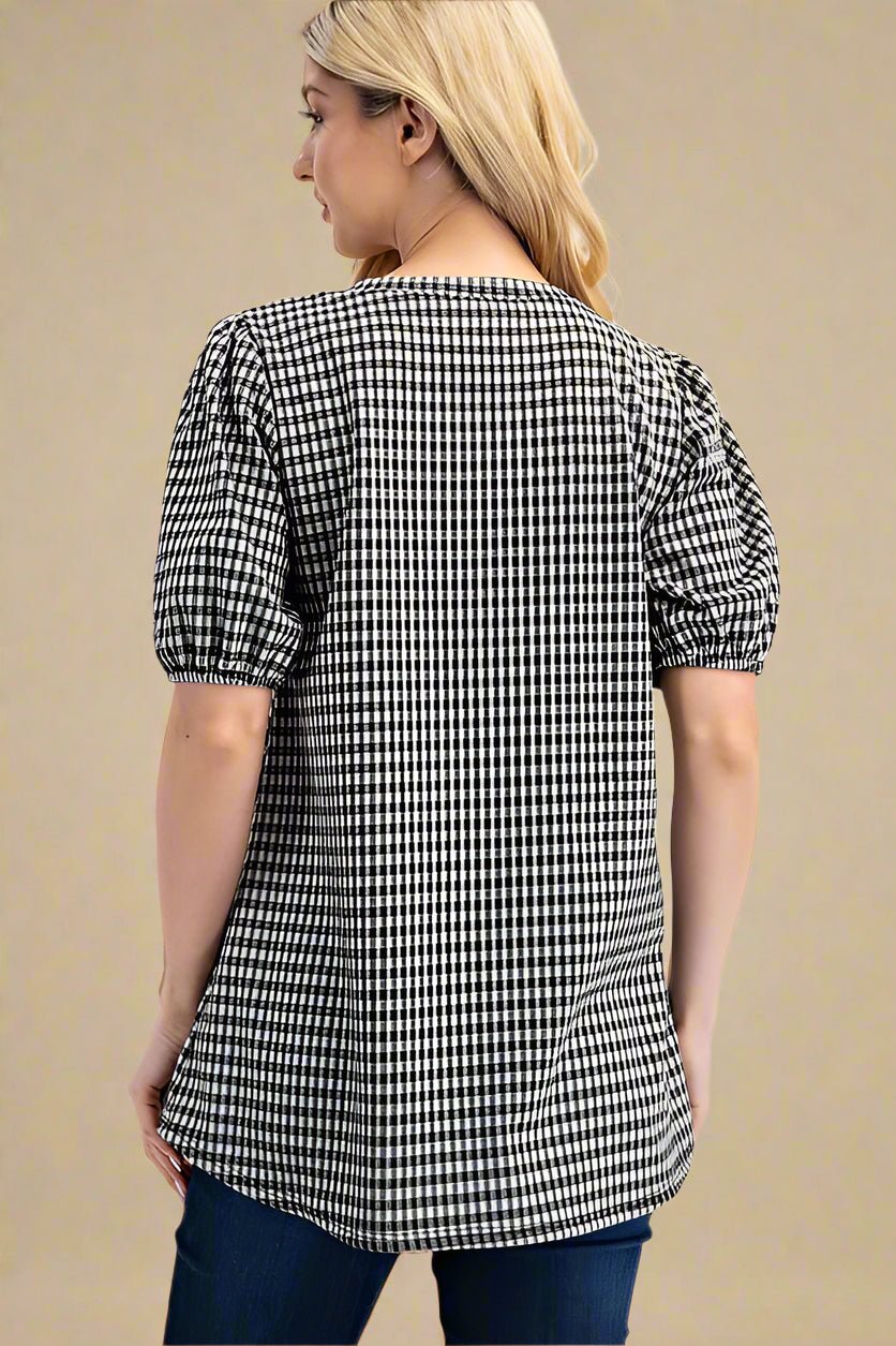 CELESTE - Black Gingham Print Puff Sleeve Top