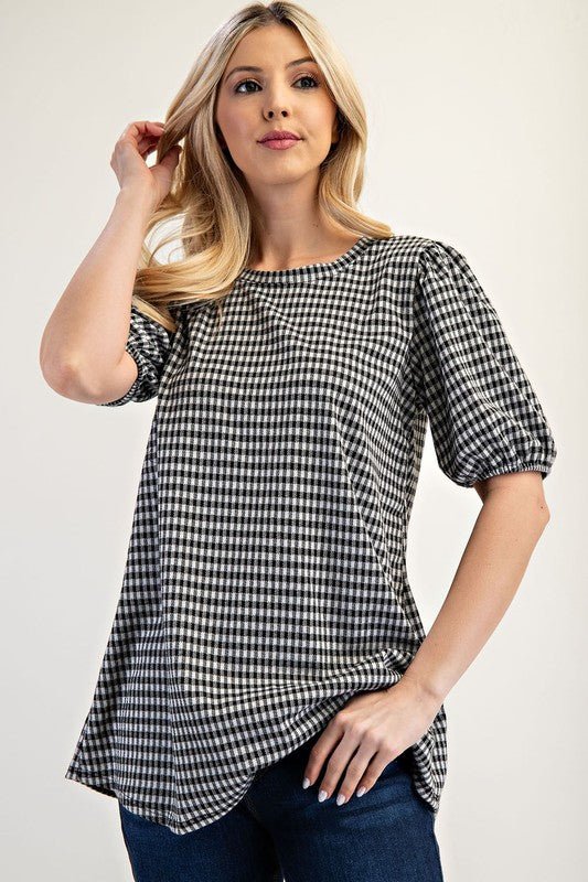 CELESTE - Black Gingham Print Puff Sleeve Top