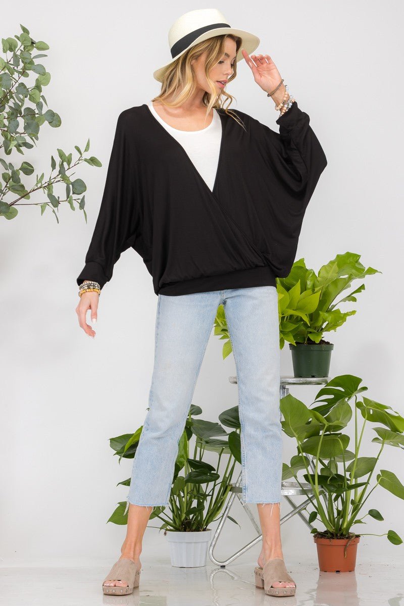 CELESTE - Black Layered Look Dolman Sleeve Top