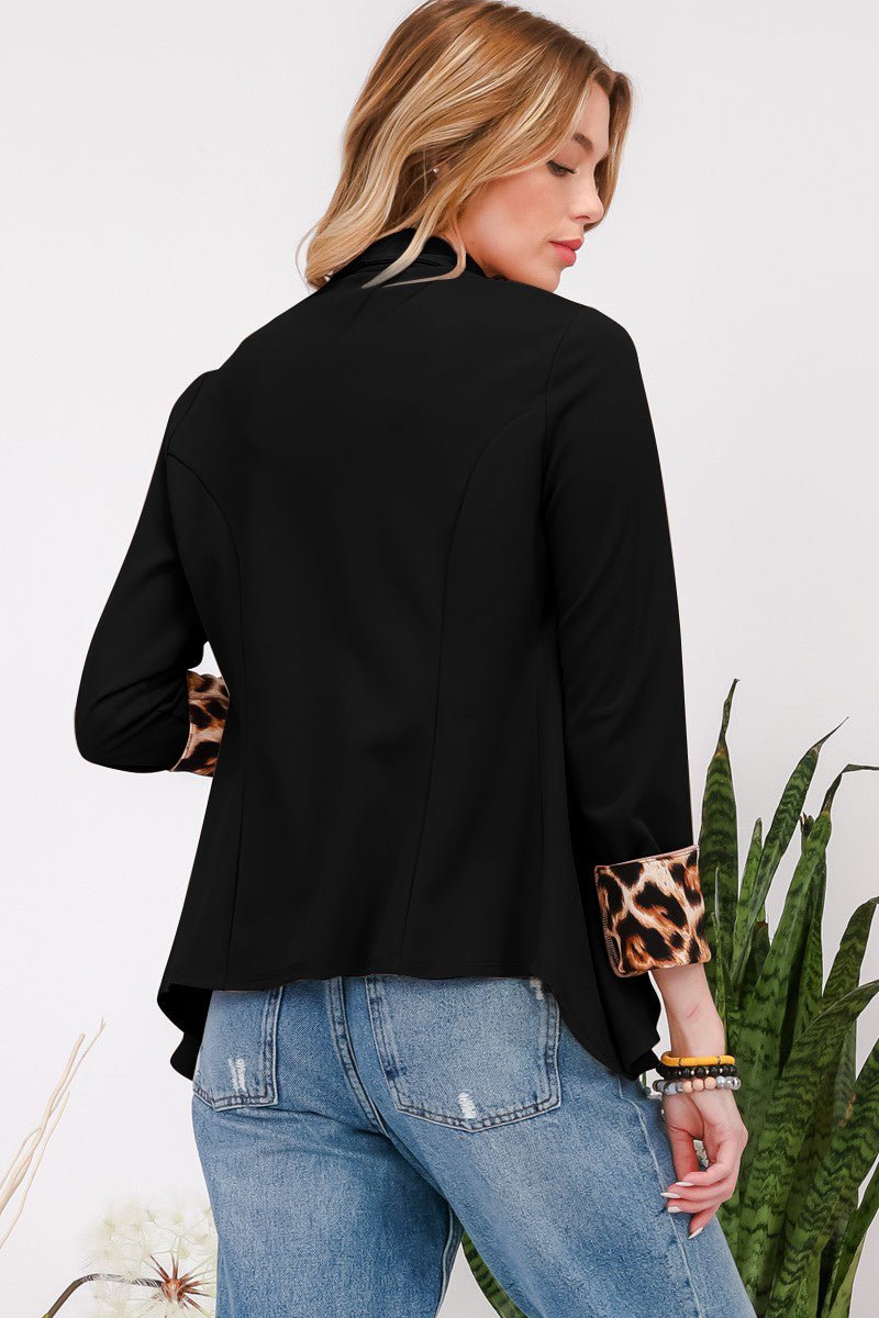 CELESTE - Black Leopard Cuff Open Front Blazer