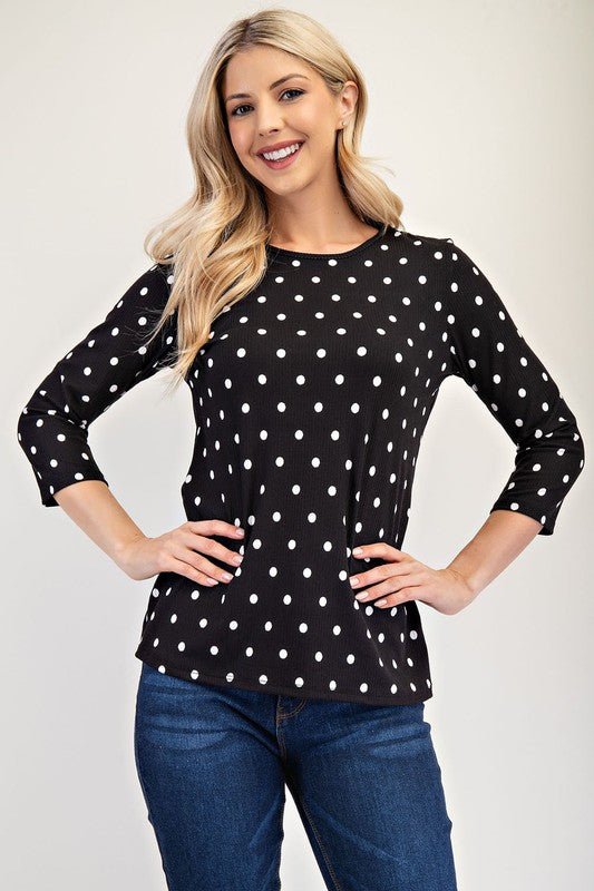 CELESTE - Black Polka Dot Three - Quarter Sleeve T-Shirt